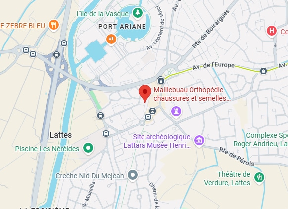 Orthopédie Maillebuau à Lattes : Plan d'accès et adresse Localisation Maillebuau Orthopédie à Lattes, proche Port Ariane et Musée Lattara.